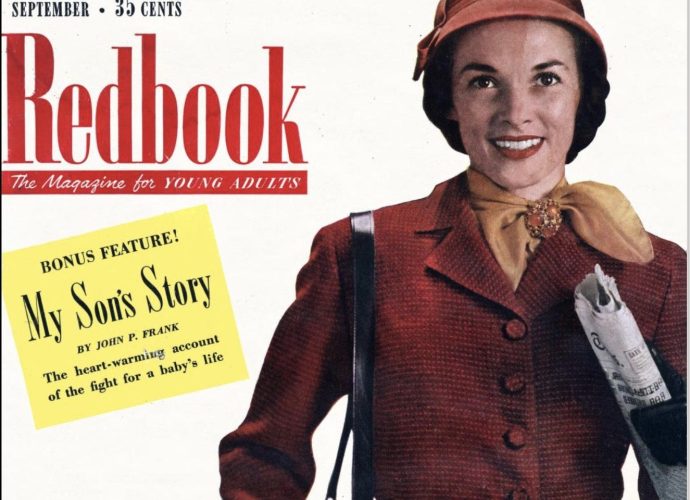 Vintage Redbook magazine cover featuring a stylish woman in a red suit, holding a newspaper and handbag, with bold typography and a yellow callout box highlighting a bonus feature.